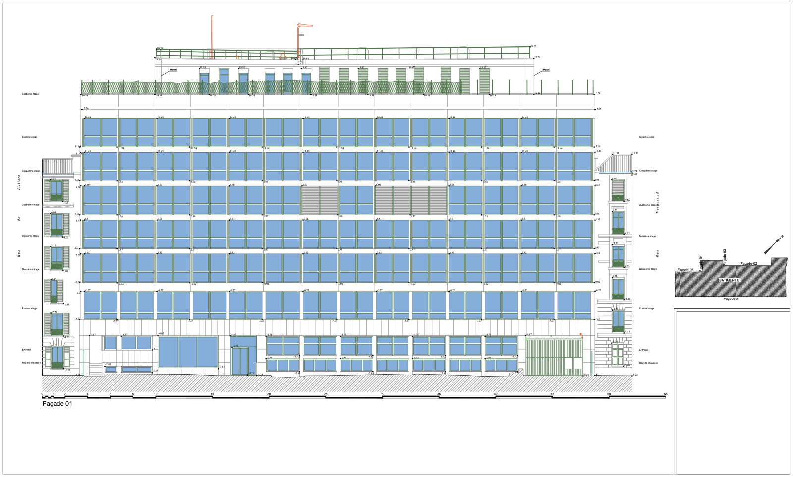 Plan de façade du bâtiment Morning Travaux — 11 000 m² captés